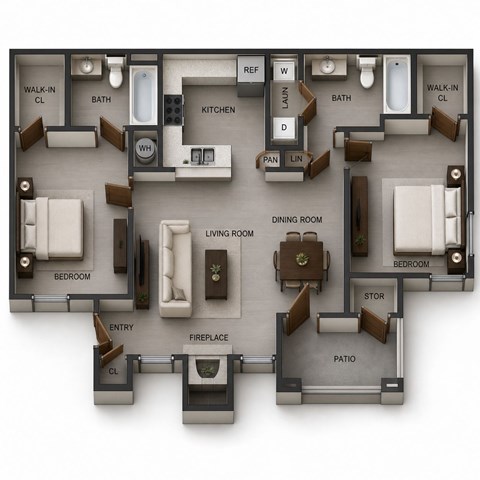 Floor plan for 2 beds, 2 baths, 950 sqft